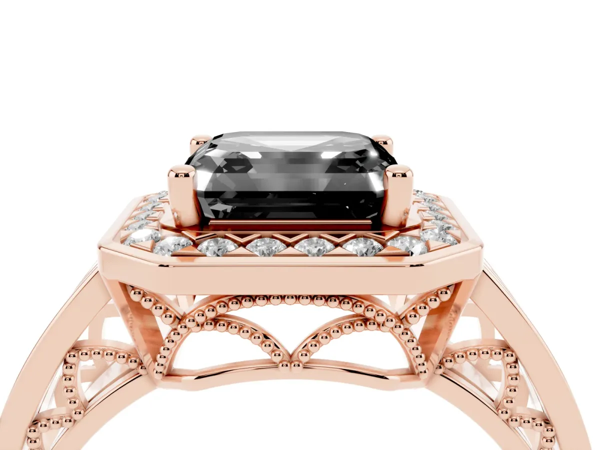Fancy Black Asscher Cut Diamond Halo Ring with Split Shank and Bezel Accents and Prong Setting Rose gold