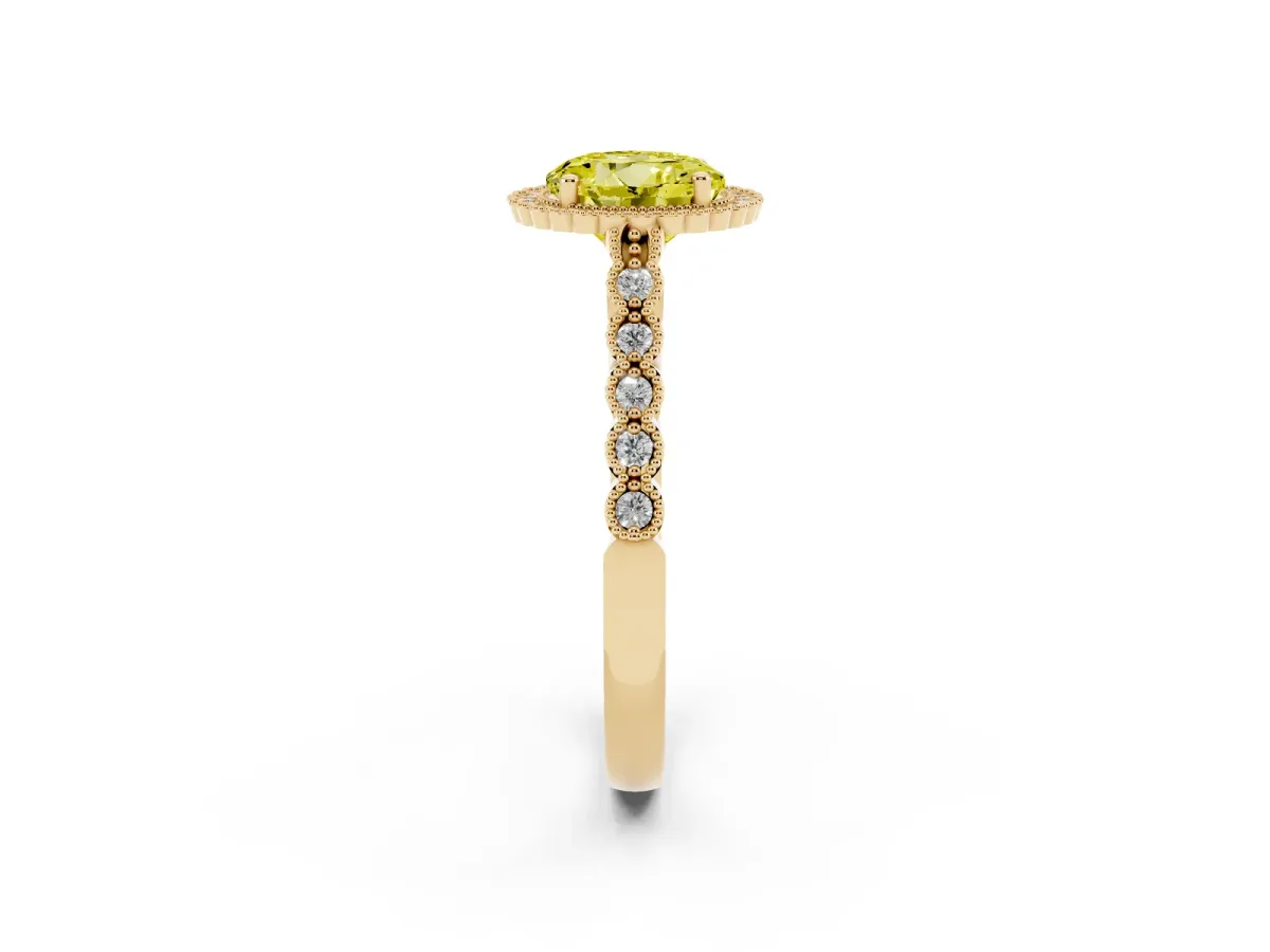 Fancy Yellow Round Cut Cut Halo Pavé Solitaire Ring with Milgrain Band Yellow gold
