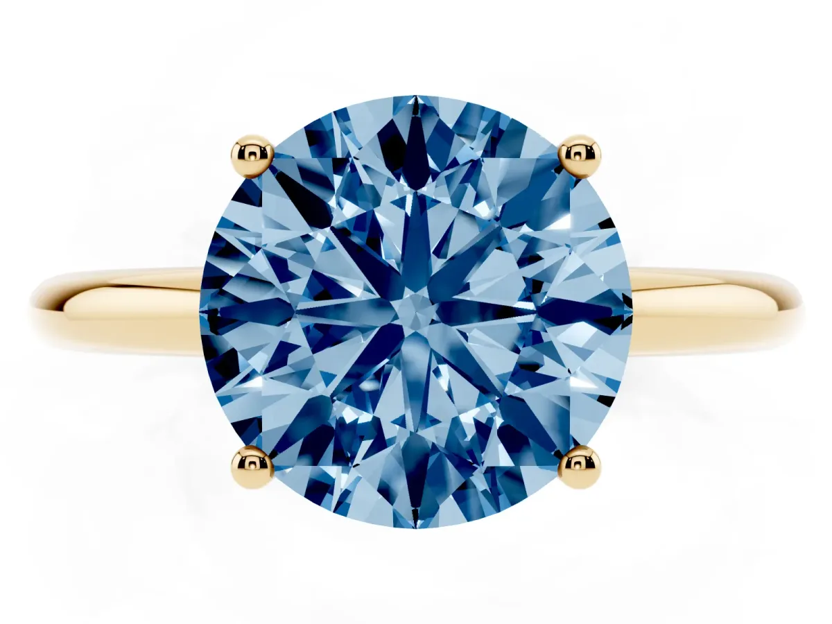 Fancy Blue Round Cut Cut Solitaire Engagement Ring with Four-Prong Setting and Classic Band Yellow gold