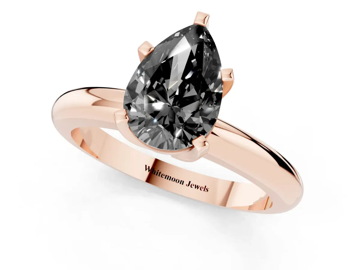 Fancy Black Pear Cut Diamond Solitaire Engagement Ring with Round Band and Four-Prong Setting Rose gold
