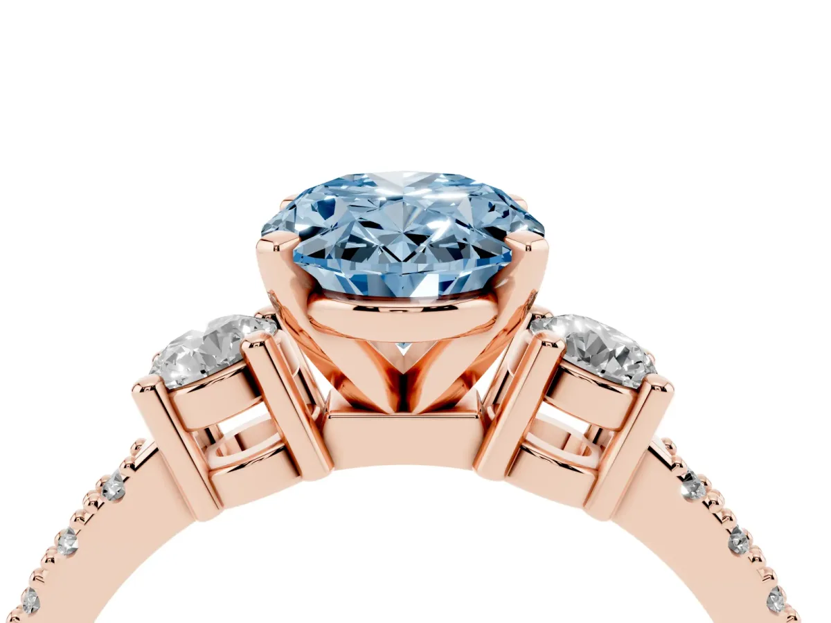 Fancy Blue Oval Cut Three-Stone Diamond Pavé Band with Prong Setting Rose gold
