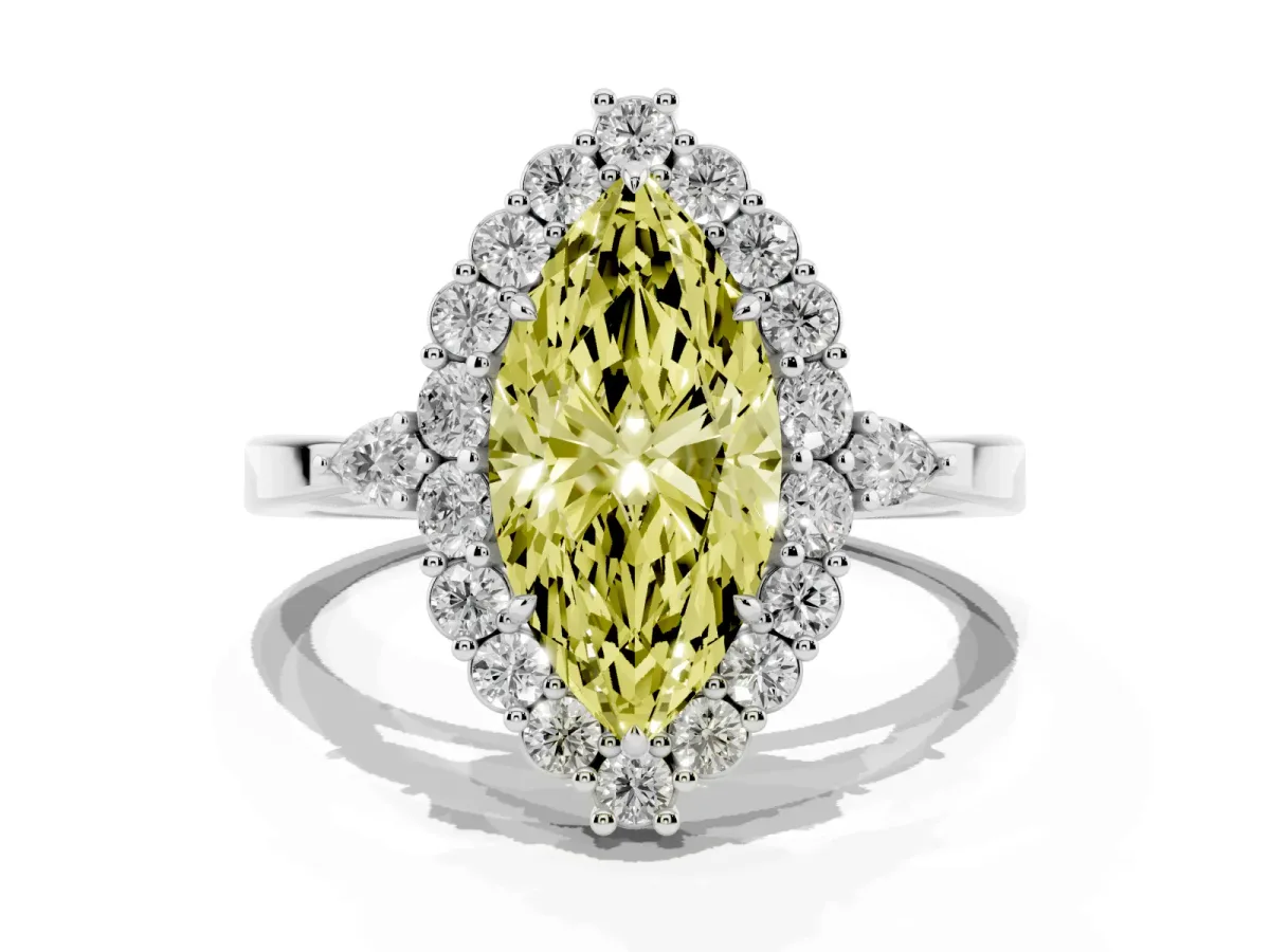 Fancy Yellow Marquise Cut Diamond Halo Ring with Pear Side Stones and Prong Setting Platinum