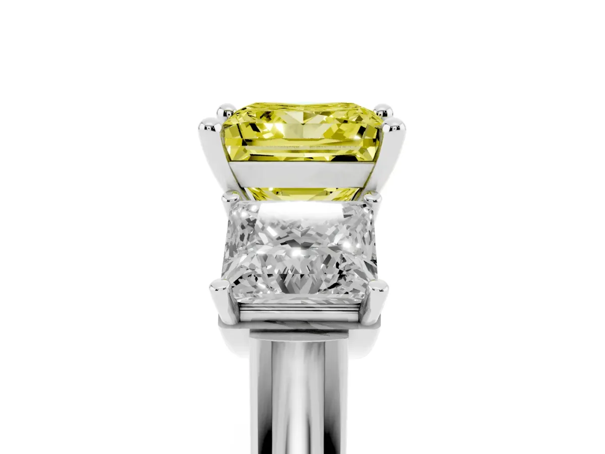 Fancy Yellow Three-Stone Princess Cut Brilliant Diamond Trellis Ring with Comfort Fit Band White gold