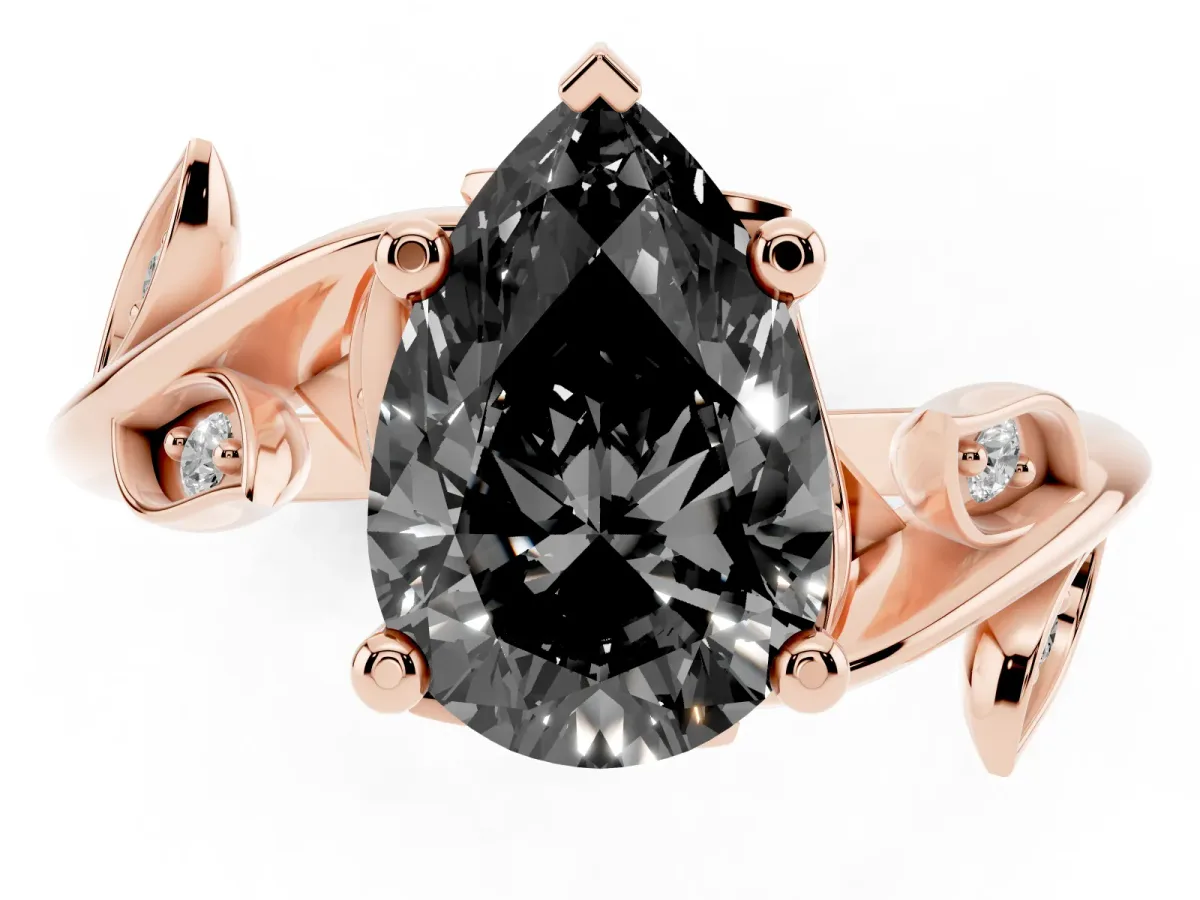 Fancy Black Pear Cut Solitaire Twist Engagement Ring with Leaf Accents and Prong Setting Rose gold