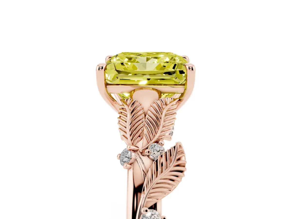 Fancy Yellow Princess Cut Diamond Solitaire Ring with Leaf Motif Band and Four-Prong Setting Rose gold