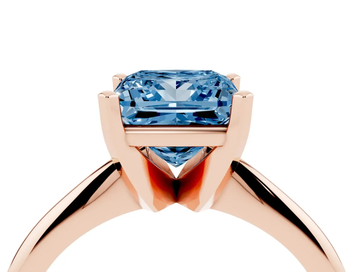 Fancy Blue Princess Cut Cut Solitaire Ring with Four-Prong Setting on a Classic Band Rose gold