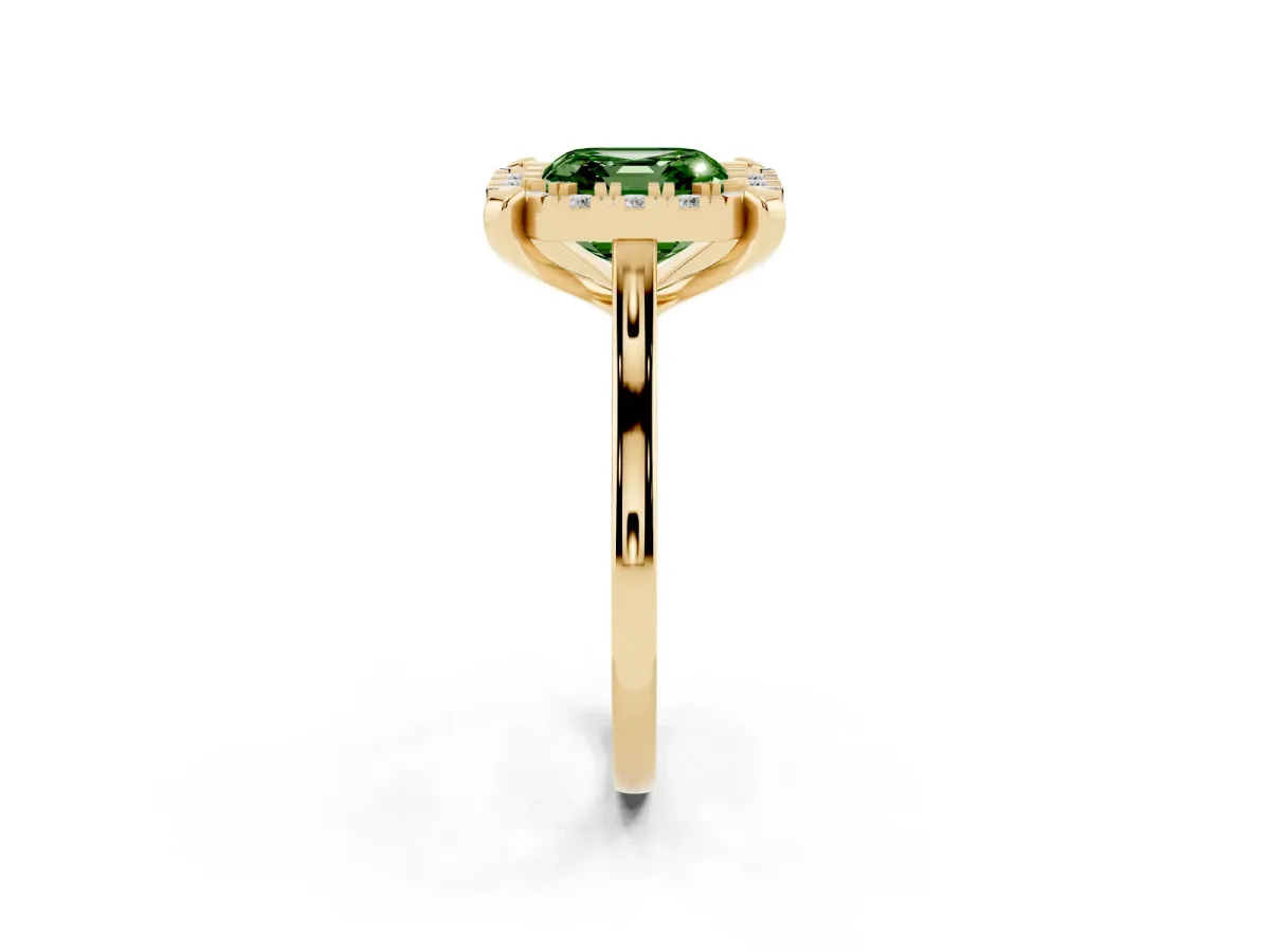 Fancy Green Asscher Cut Diamond Cluster Halo Solitaire with Four-Prong Setting Yellow gold