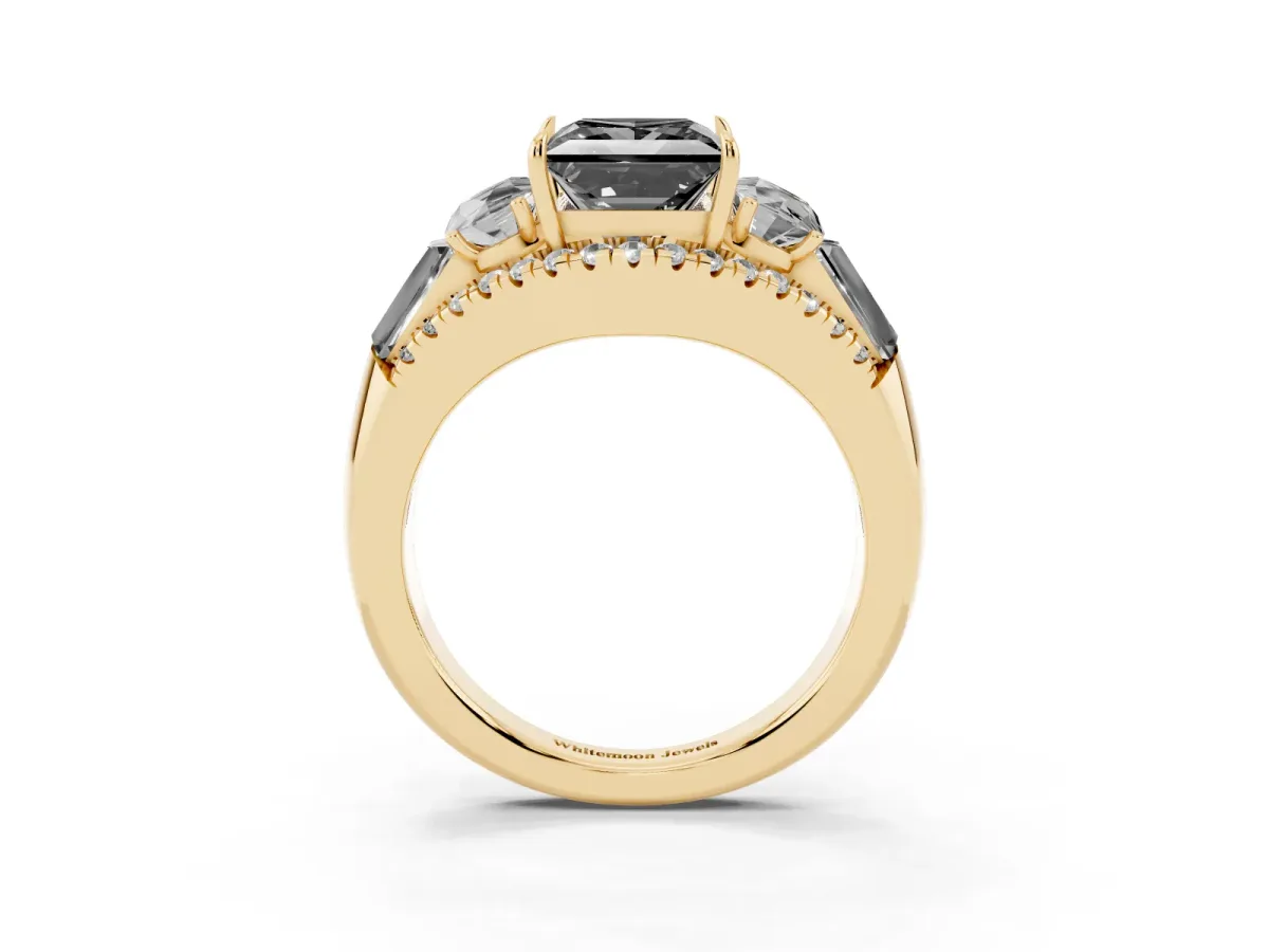 Fancy Black Three-Stone Princess Cut Diamond Engagement Ring with Pave Band and Prong Setting Yellow gold