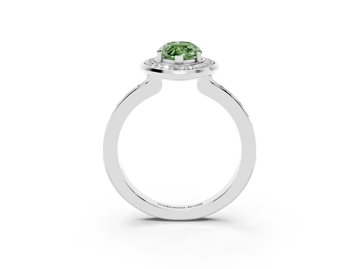 Fancy Green Marquise Cut Diamond Halo Ring with Bezel Frame and Pavé Band Silver