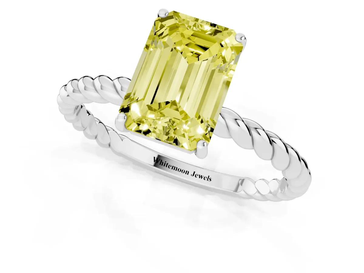 Fancy Yellow Emerald Cut Solitaire Twisted Band 4-Prong Ring Silver