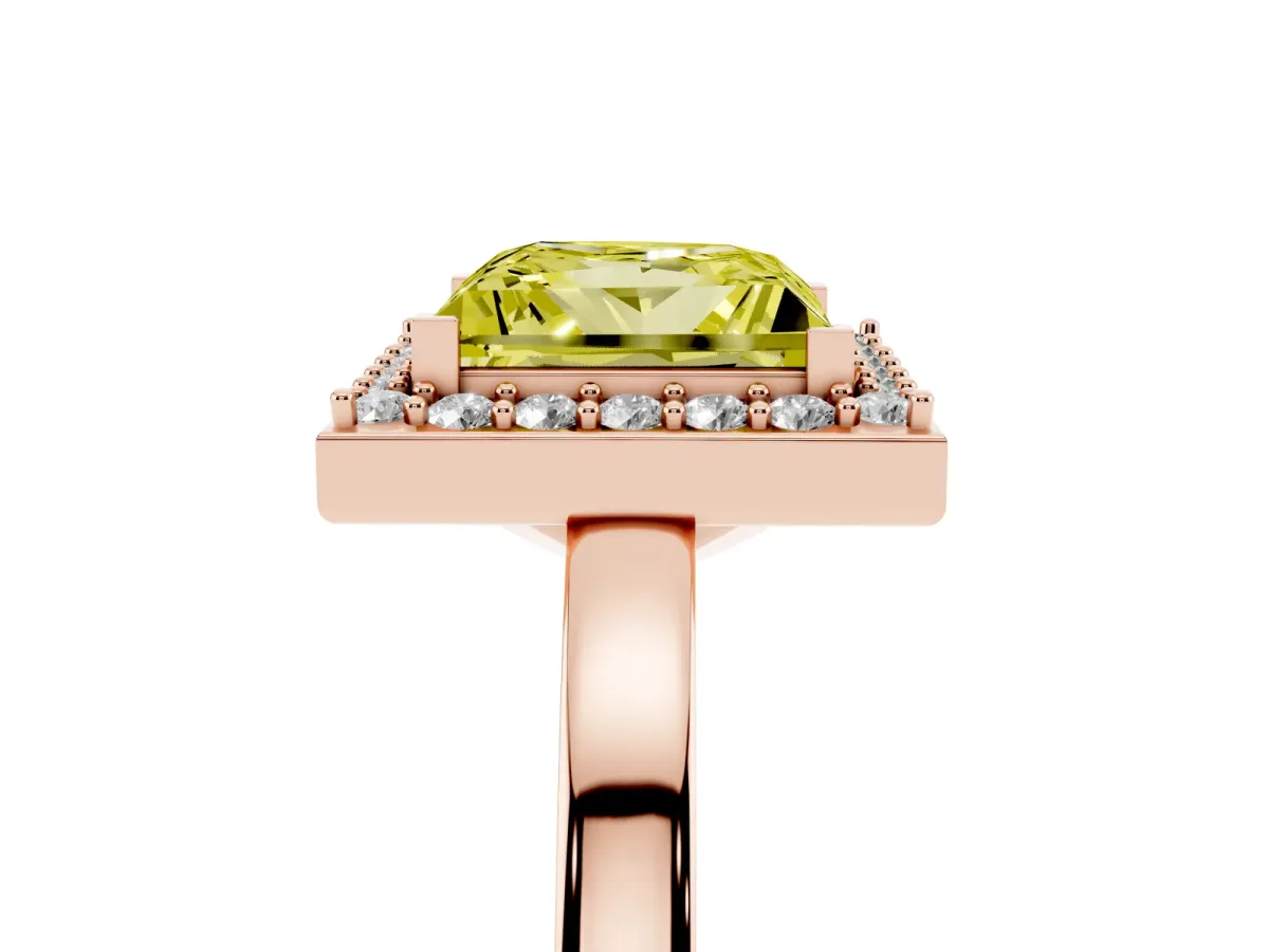 Fancy Yellow Princess Cut Halo Diamond Ring with Solitaire Band and Prong Setting Rose gold
