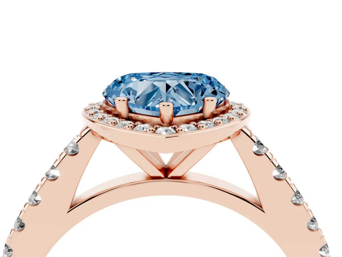 Fancy Blue Heart Cut Cut Halo Diamond Engagement Ring with Pave Band and Four-Prong Setting Rose gold