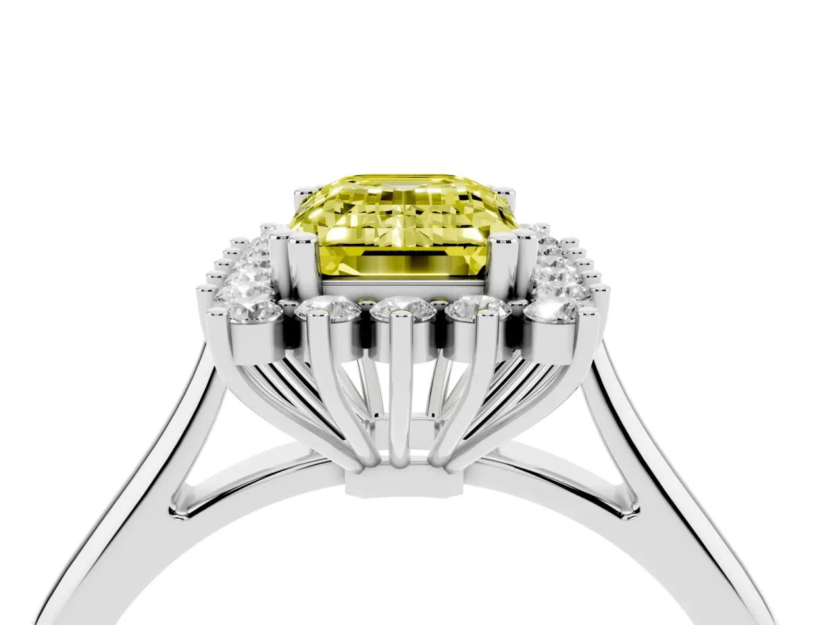Fancy Yellow Emerald Cut Cut Diamond Halo Ring with Solitaire Band and Prong Setting Platinum
