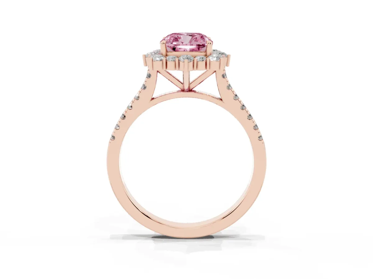 Fancy Pink Cushion Cut Halo Diamond Ring with Pavé Band and Prong Setting Rose gold