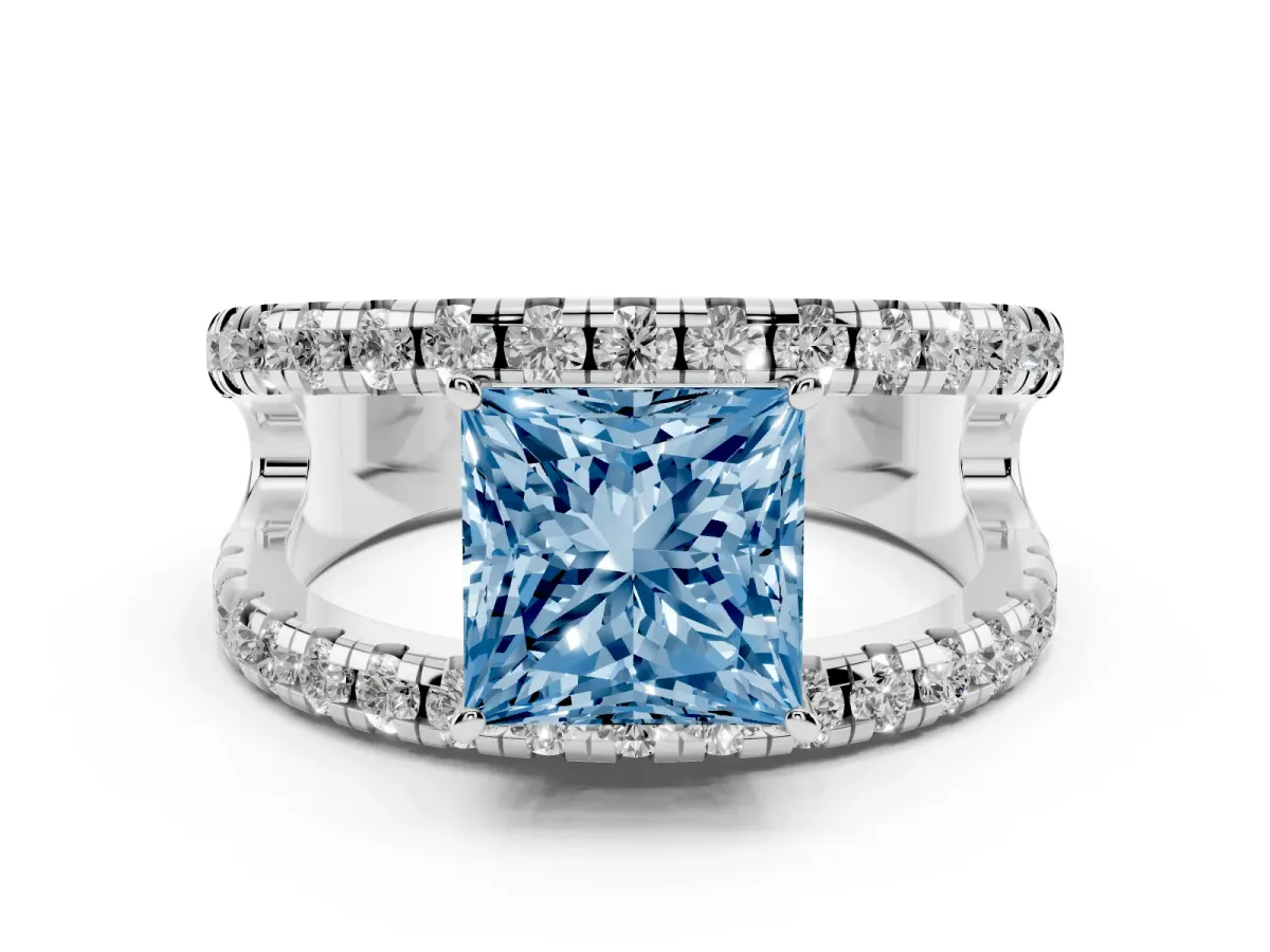 Fancy Blue Princess Cut Solitaire Split Shank Pave Diamond Ring Platinum