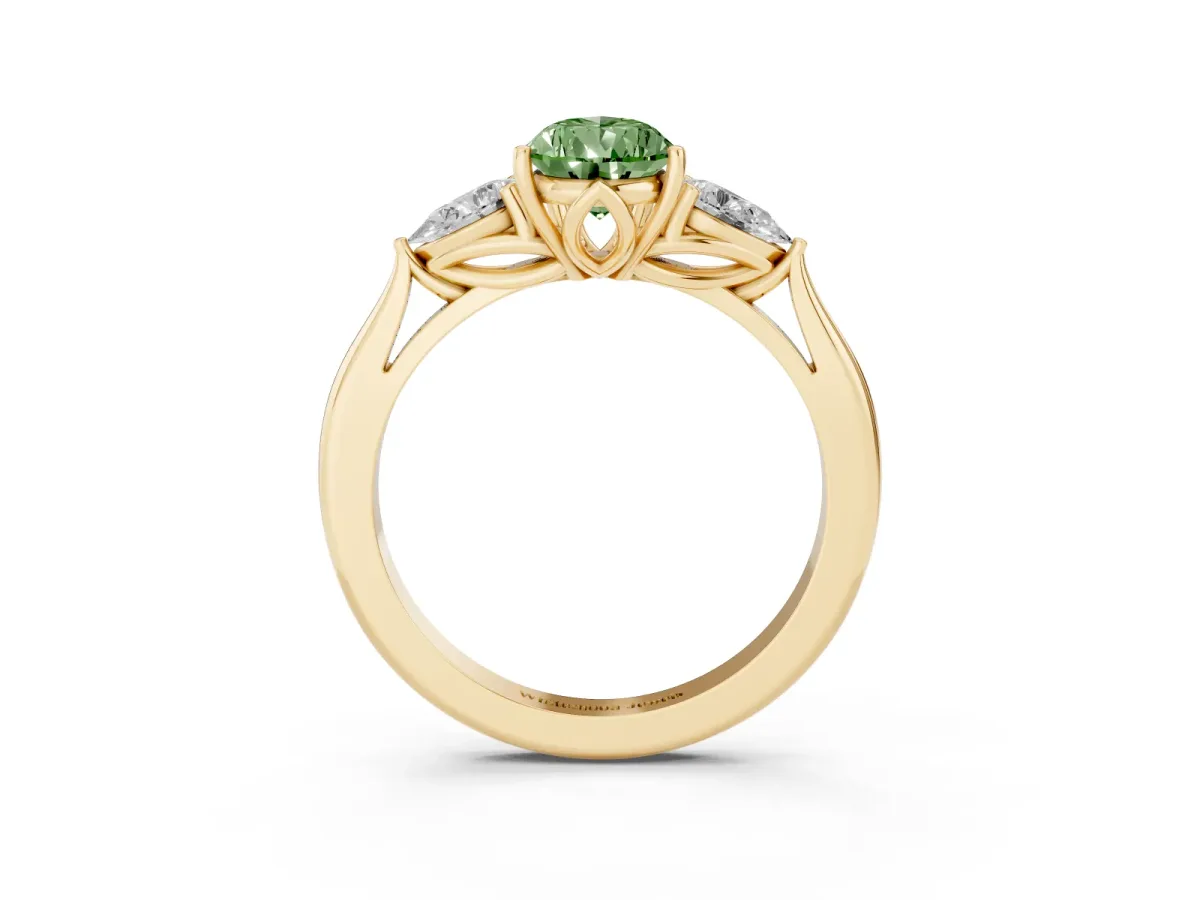 Fancy Green Pear Cut Diamond Three-Stone Ring with Pear Side Stones and Prong Setting Yellow gold