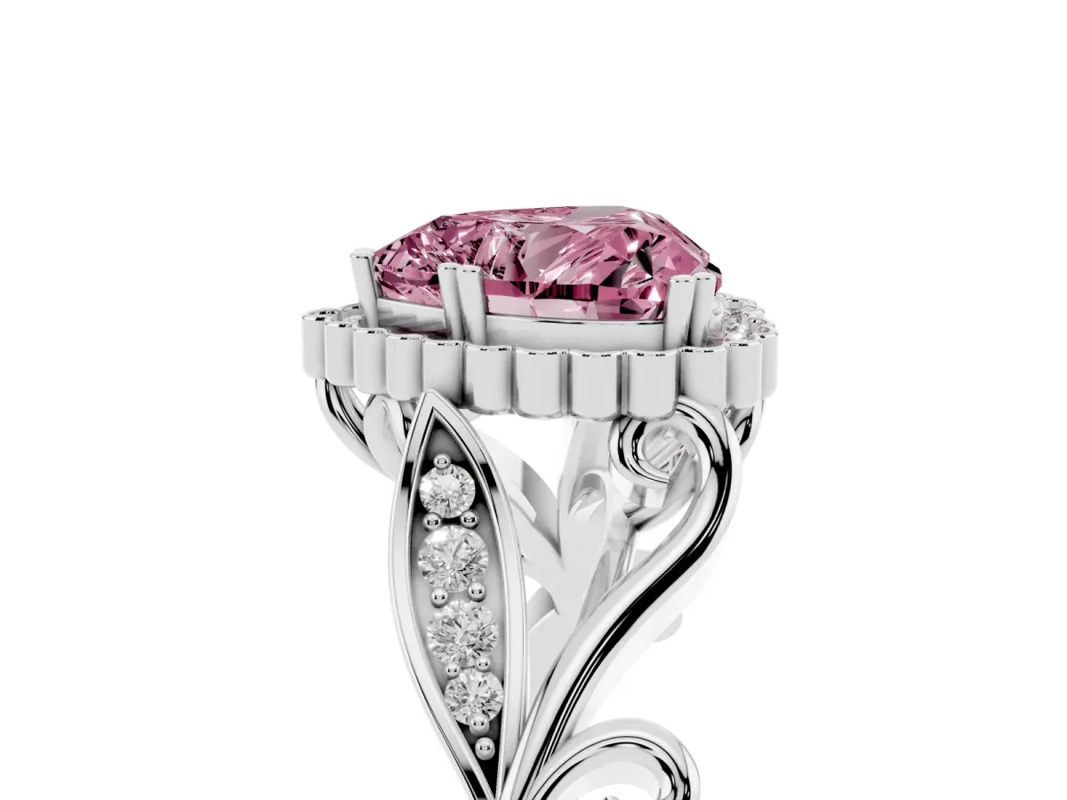 Fancy Pink Heart Cut Diamond Halo Ring with Vintage Split Shank and Four-Prong Setting Silver