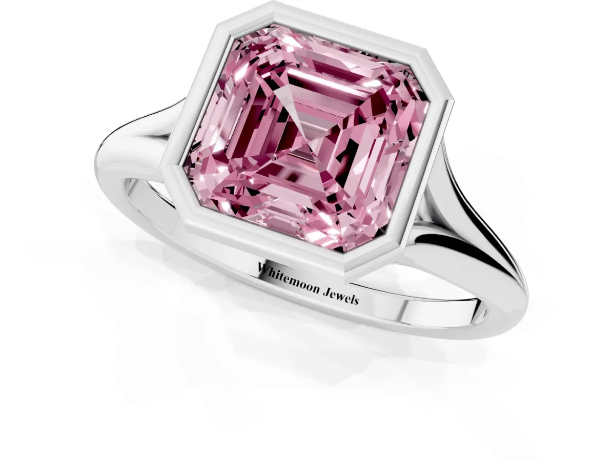 Fancy Pink Bezel Set Asscher Cut Cut Solitaire Ring with Tapered Band Silver