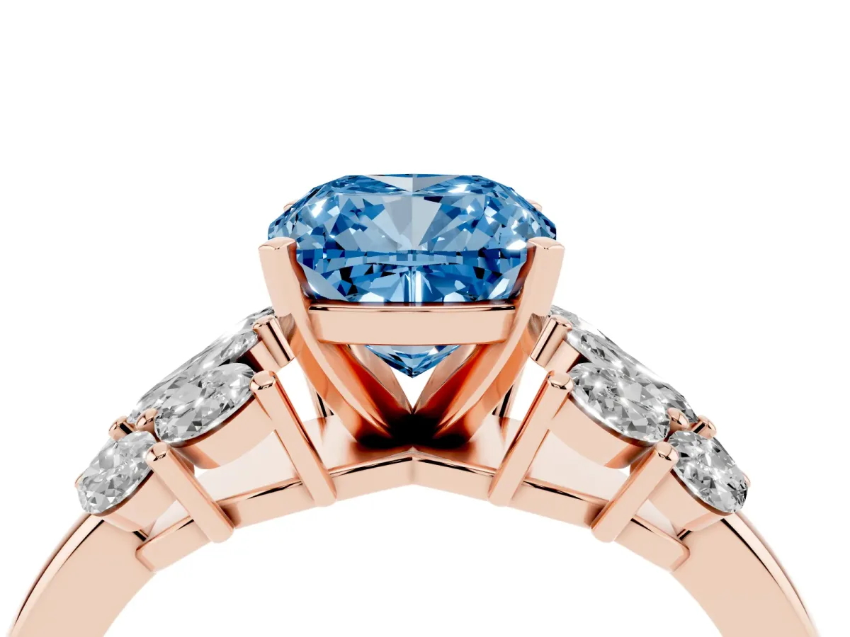 Fancy Blue Cushion Cut Diamond Cluster Leaf Design Ring with Prong Setting Rose gold