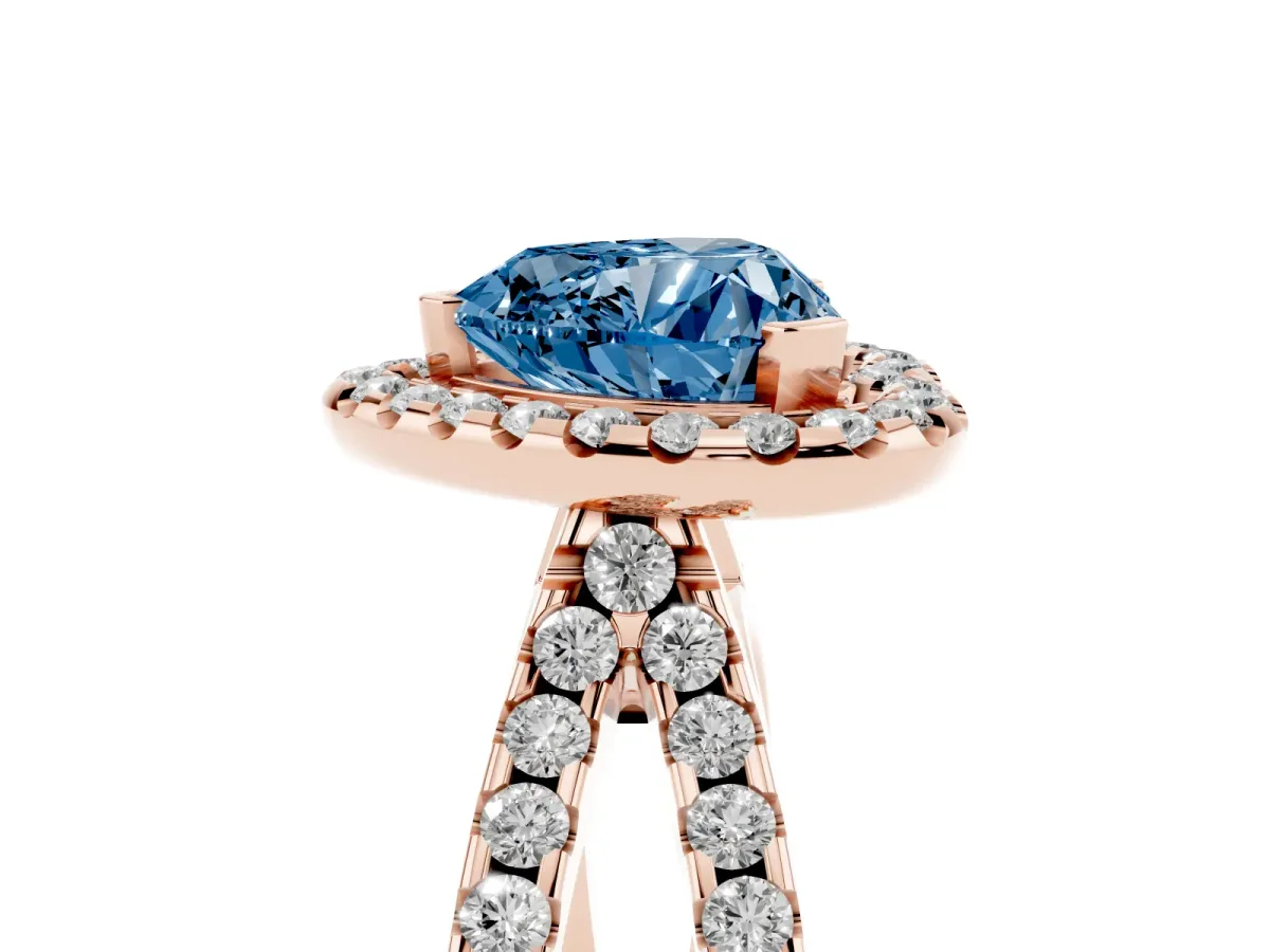 Fancy Blue Heart Cut Diamond Halo Ring with Split Shank Pavé Band and Prong Setting Rose gold