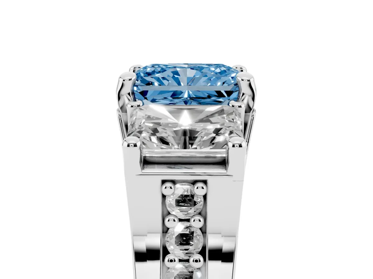 Fancy Blue Radiant Cut Diamond Three-Stone Ring with Channel Set Band and Four-Prong Setting Silver