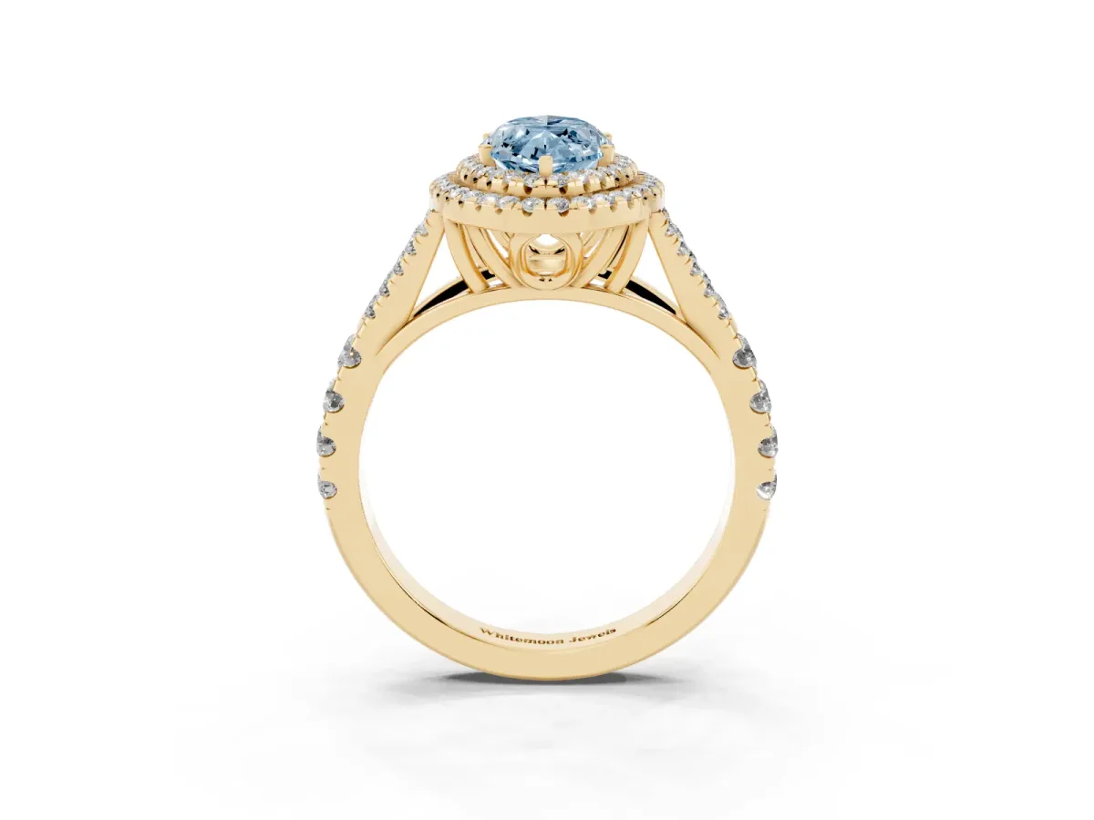 Fancy Blue Marquise Cut Cut Double Halo Split Shank Diamond Ring with Prong Setting Yellow gold