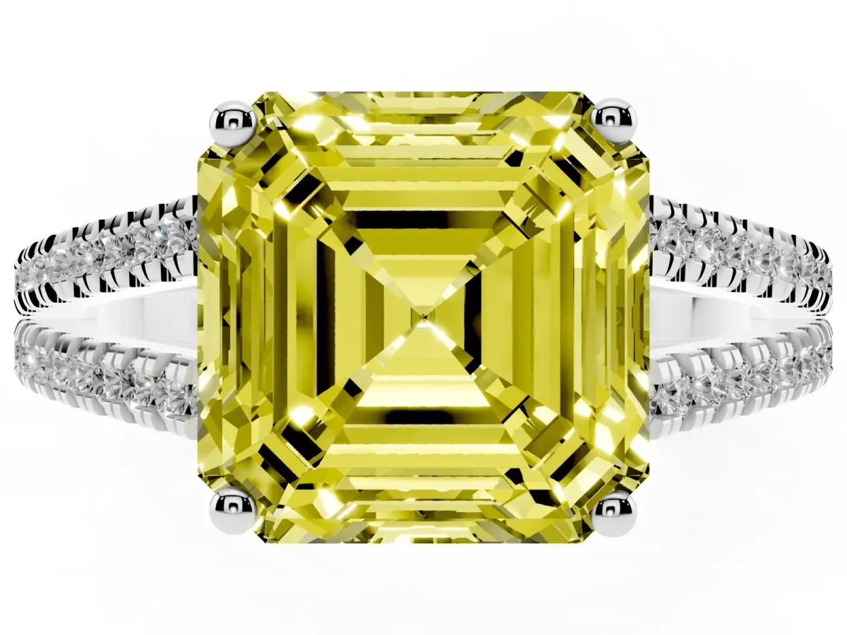 Fancy Yellow Asscher Cut Diamond Solitaire Engagement Ring with Split Shank Pavé Band Silver