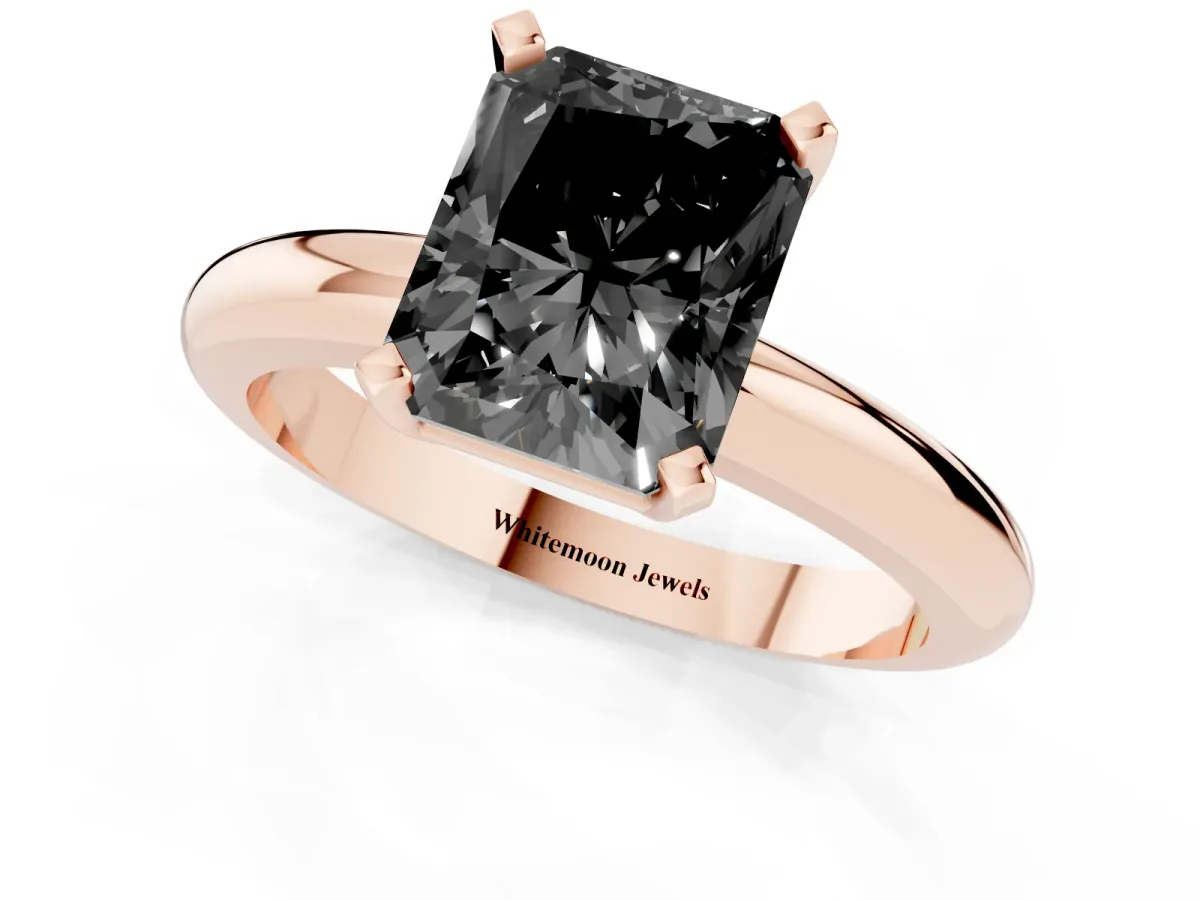 Fancy Black Radiant Cut Diamond Solitaire Engagement Ring with Round Band and Four-Prong Setting Rose gold
