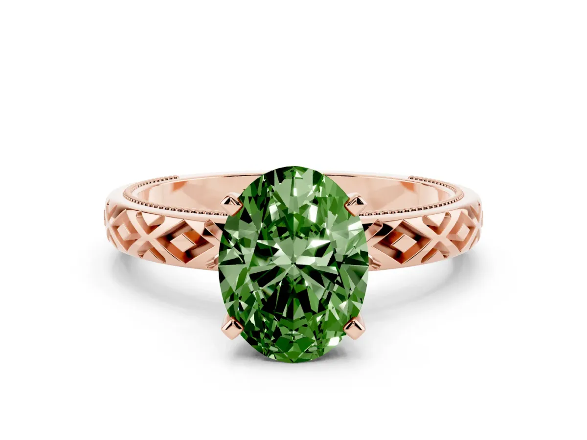 Fancy Green Oval Cut Solitaire Diamond Ring with Milgrain and Black Enamel X Pattern Band Rose gold