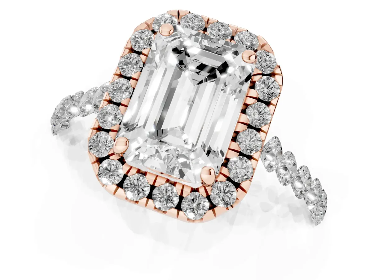 Emerald Cut Halo Pavé Diamond Engagement Ring with Four-Prong Setting Rose gold