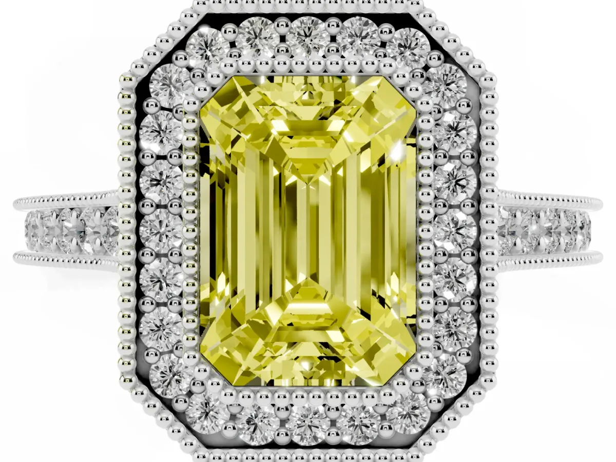 Fancy Yellow Halo Emerald Cut-Cut Diamond Pave Band Milgrain Prong Setting Ring Silver