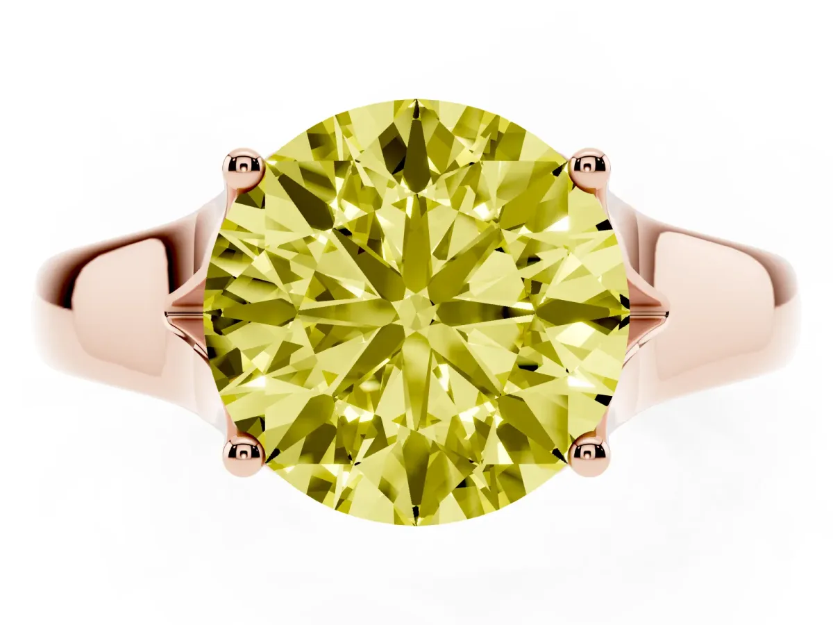 Fancy Yellow Round Cut Solitaire Diamond Ring with Cathedral Band and Four-Prong Setting Rose gold