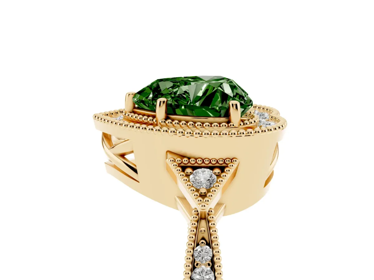 Fancy Green Heart Cut Halo Round Diamond Milgrain Pave Engagement Ring Yellow gold