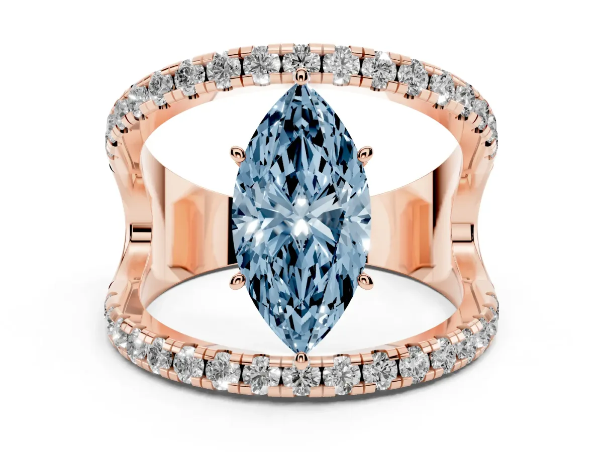 Fancy Blue Marquise Cut Solitaire Split Shank Pave Diamond Ring Rose gold