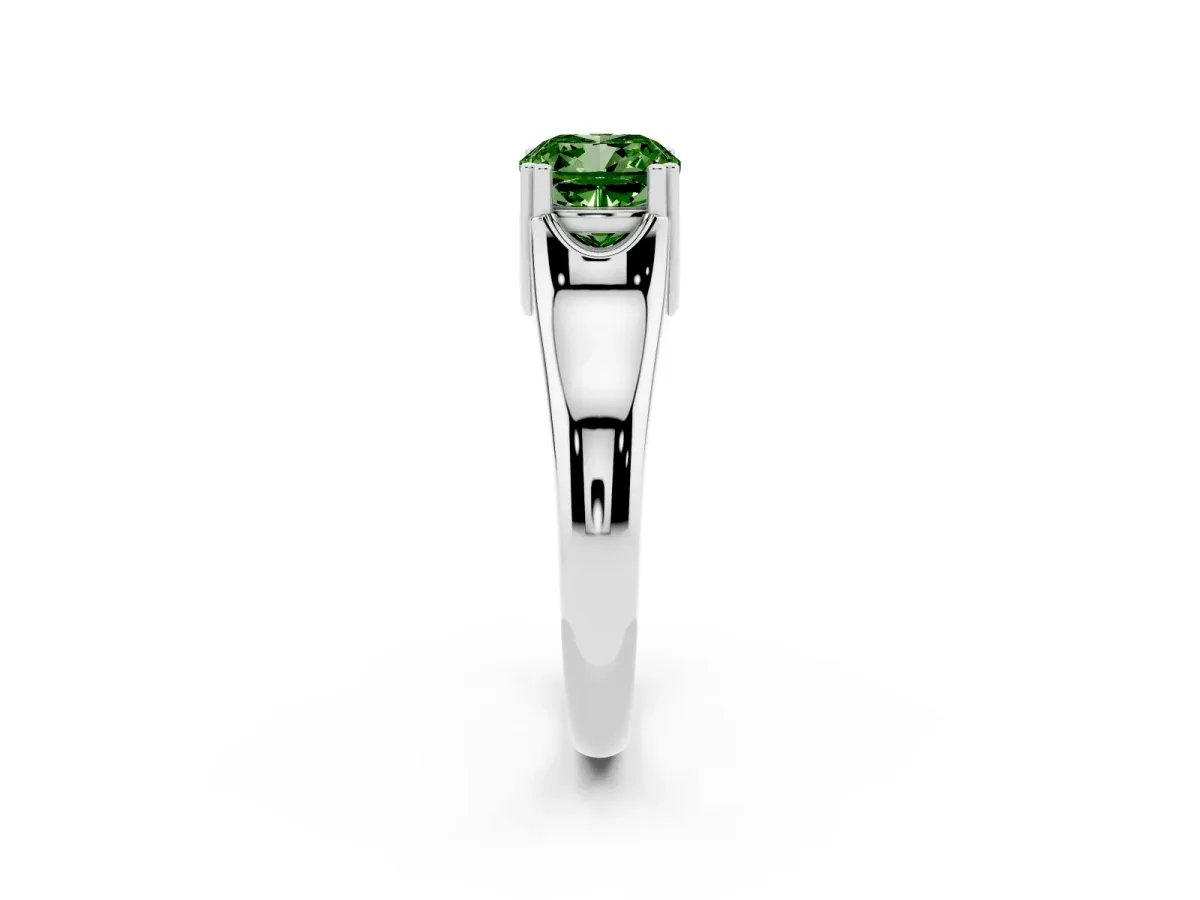 Fancy Green Cushion Cut Diamond Solitaire Ring with Wide Band and Prong Setting Silver