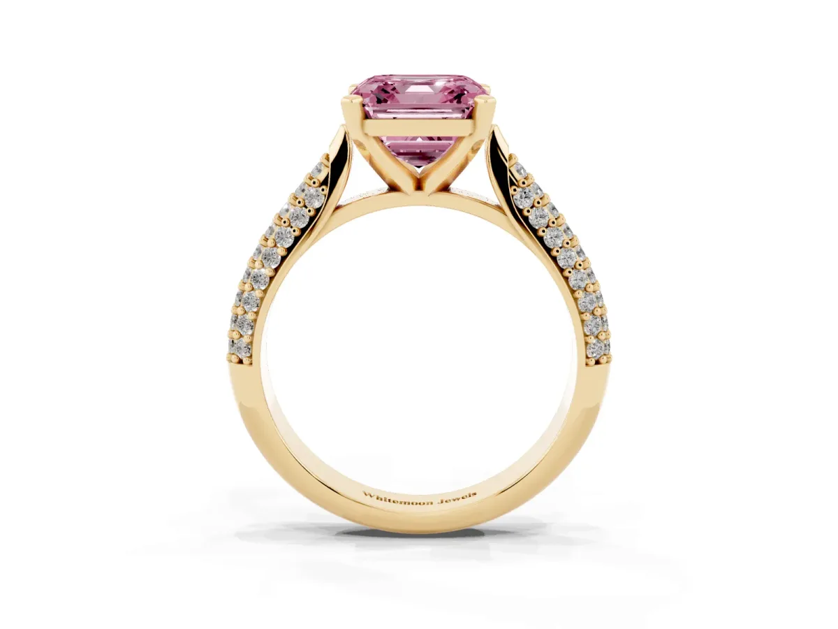 Fancy Pink Asscher Cut Diamond Solitaire Engagement Ring with Multi-Row Round Pavé Band and Prong Setting Yellow gold