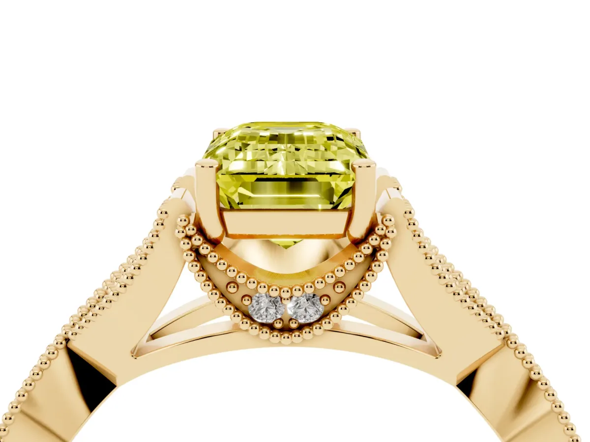 Fancy Yellow Emerald Cut Cut Diamond Twisted Band with Milgrain Pave Setting and Four-Prong Setting Yellow gold