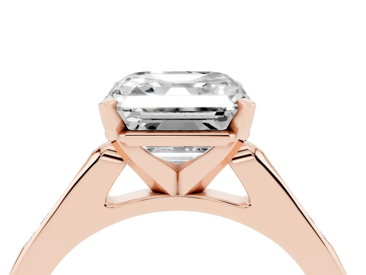 Asscher Cut Diamond Solitaire Ring with Channel Set Round Band and Prong Setting Rose gold