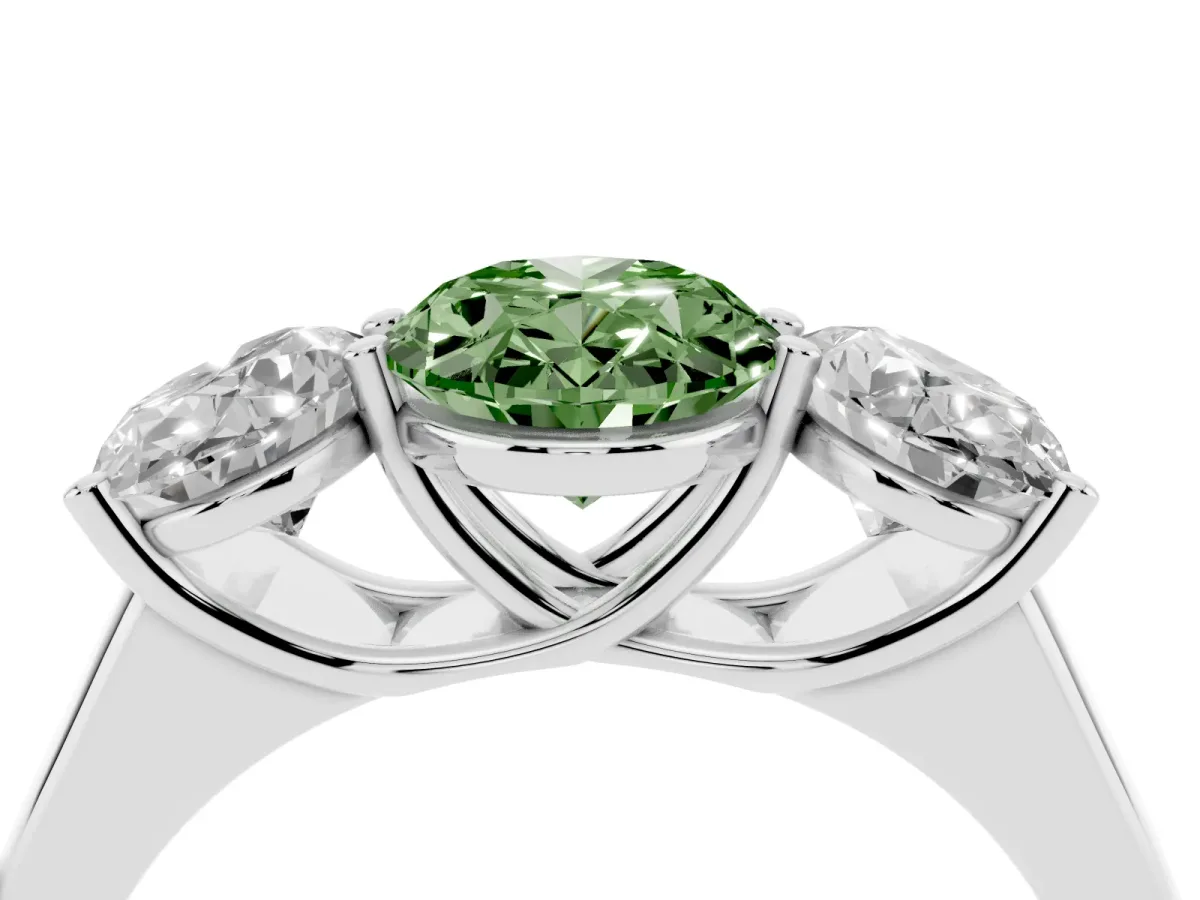 Fancy Green Oval Cut Three-Stone Diamond Ring with Prong Setting on a Classic Band Platinum