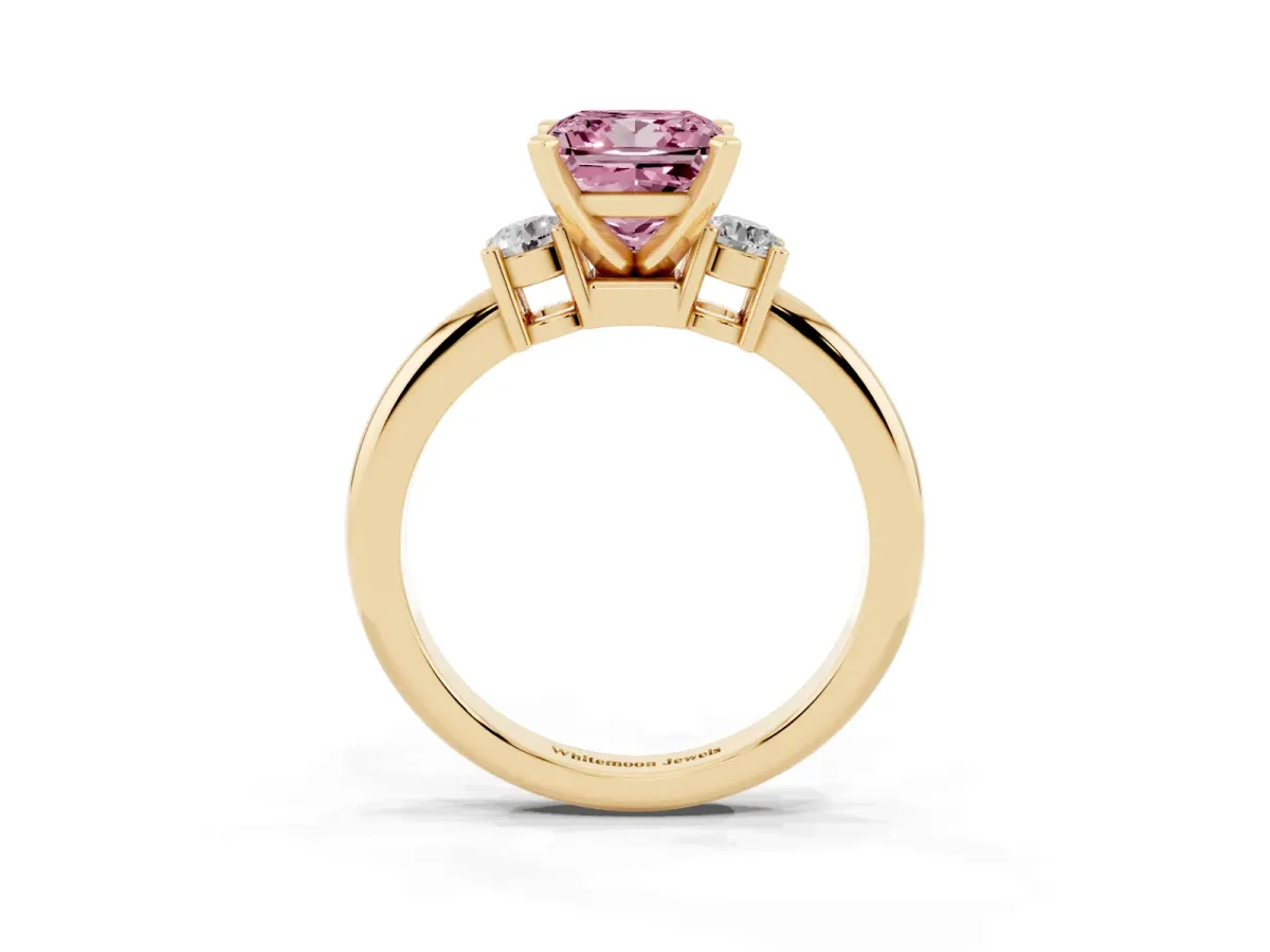 Fancy Pink Three-Stone Princess Cut Cut Diamond Solitaire with Prong Setting and Classic Band Yellow gold