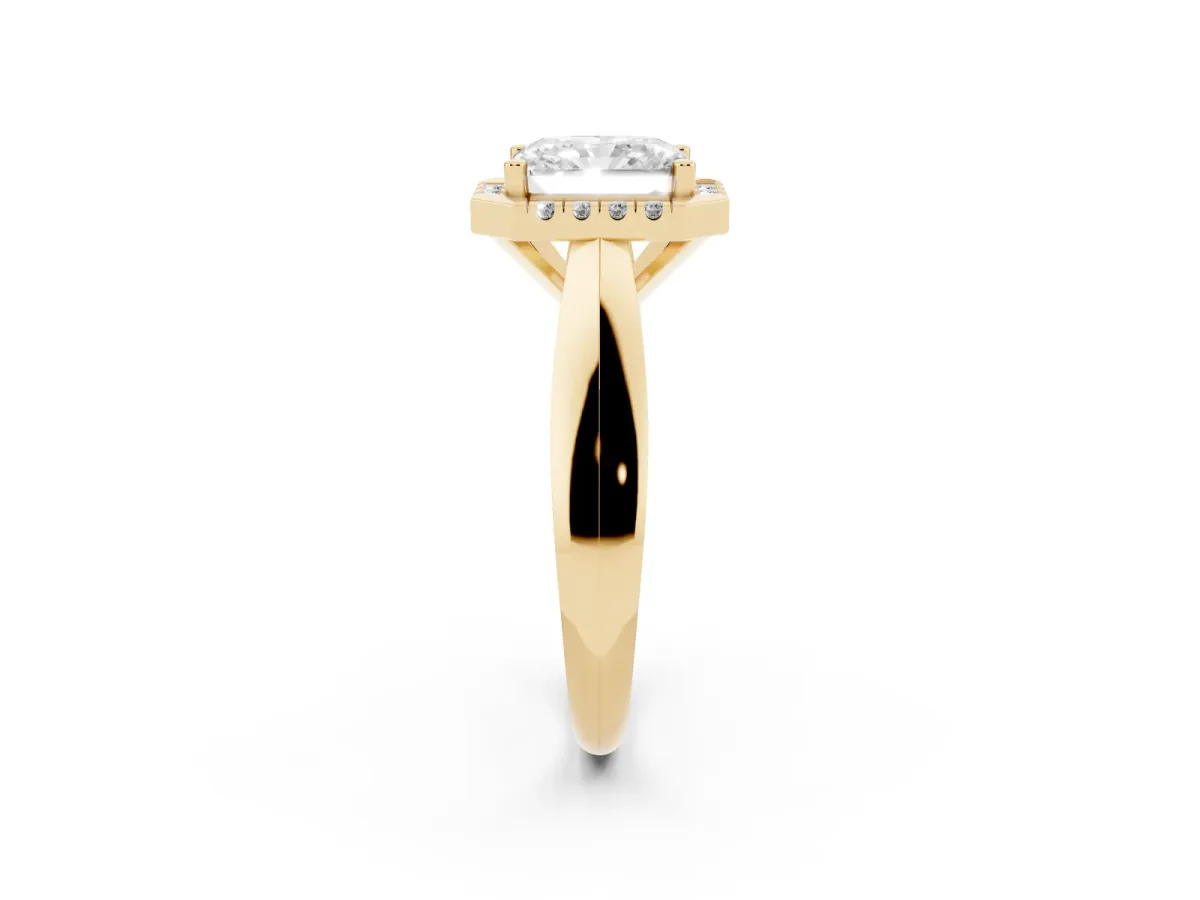 Radiant Cut Cut Halo Solitaire Engagement Ring with Square Band and Four-Prong Setting Yellow gold