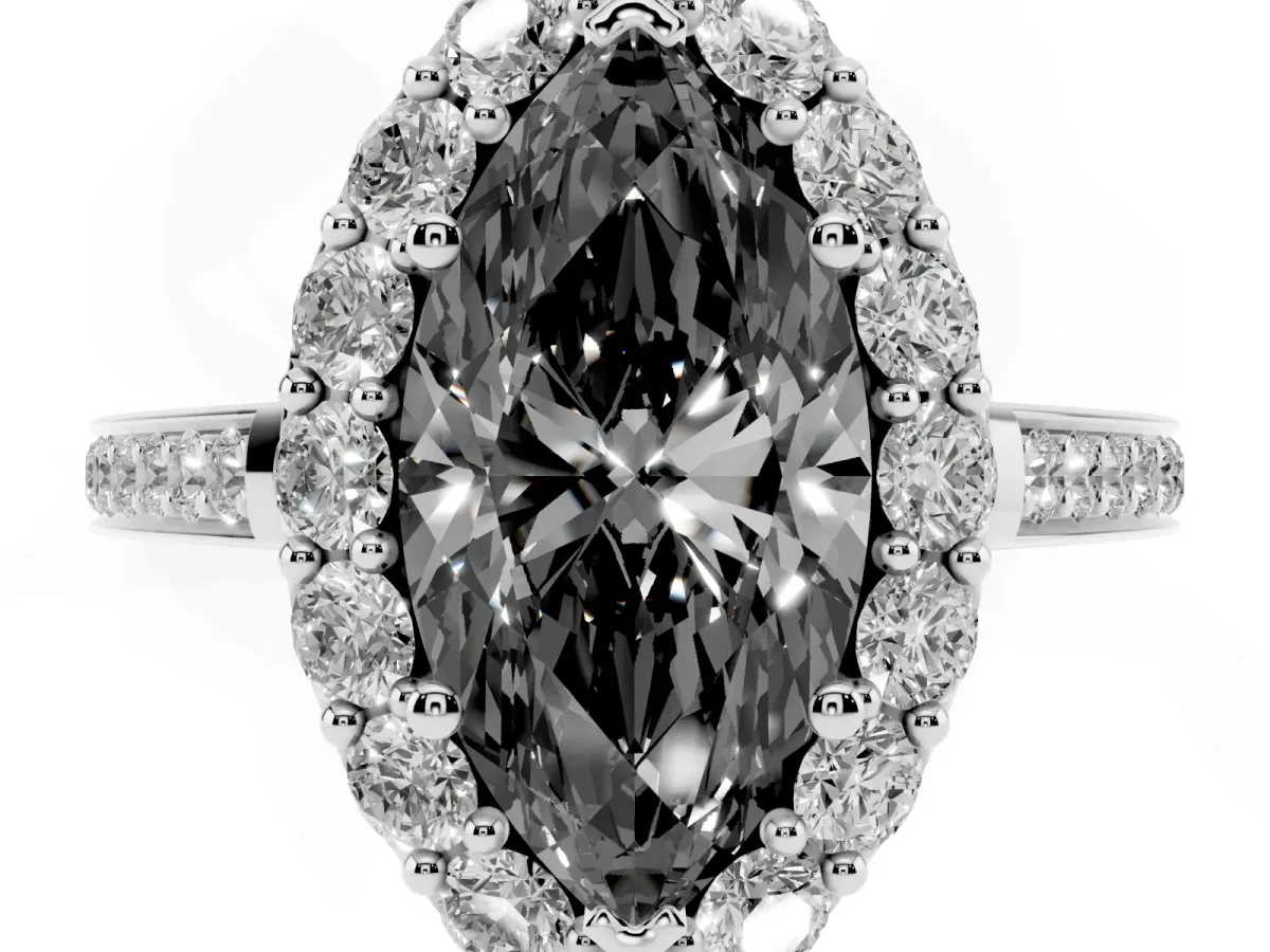 Fancy Black Marquise Cut Diamond Floral Halo Ring with Pavé Band and Prong Setting Silver