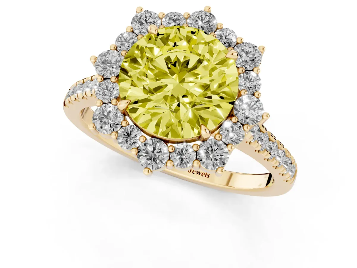 Fancy Yellow Round Cut Halo Diamond Ring with Pavé Band and Prong Setting Yellow gold