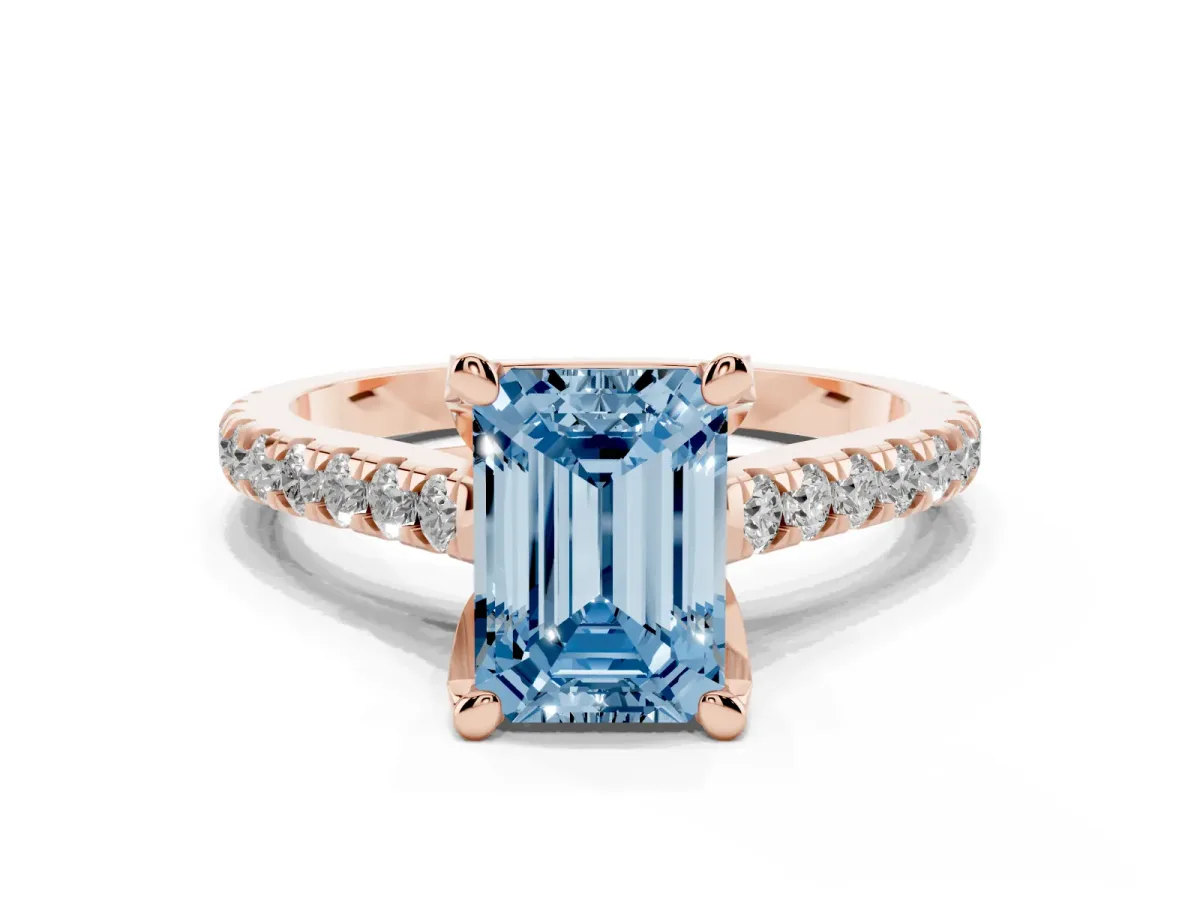 Fancy Blue Emerald Cut Brilliant Diamond Solitaire with Pavé Band and Four-Prong Setting Rose gold