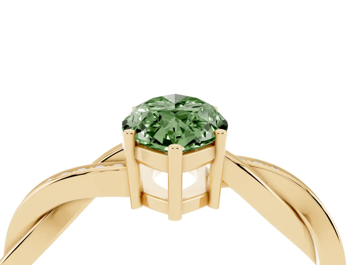 Fancy Green Marquise Cut Solitaire Twisted Pave Diamond Ring with Four-Prong Setting Yellow gold