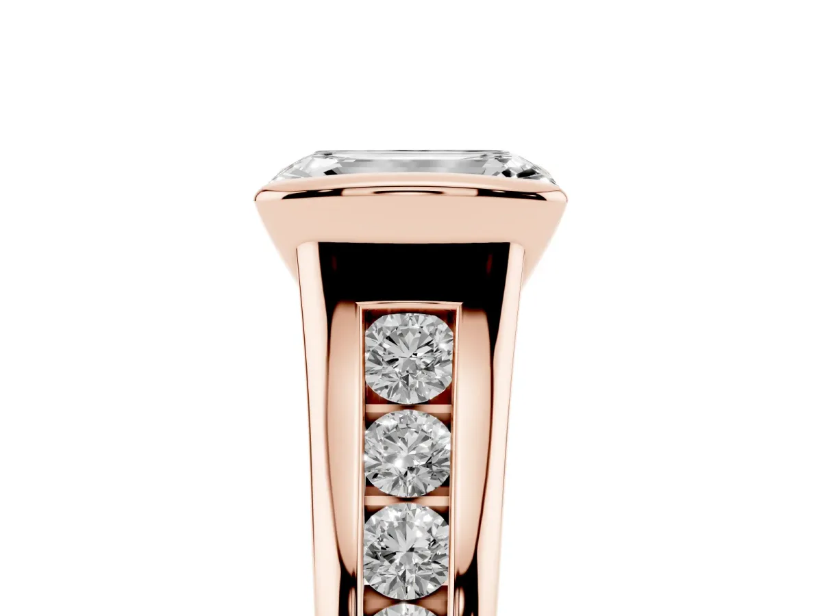 Emerald Cut Solitaire Bezel-Set Diamond Ring with Channel-Set Band Rose gold