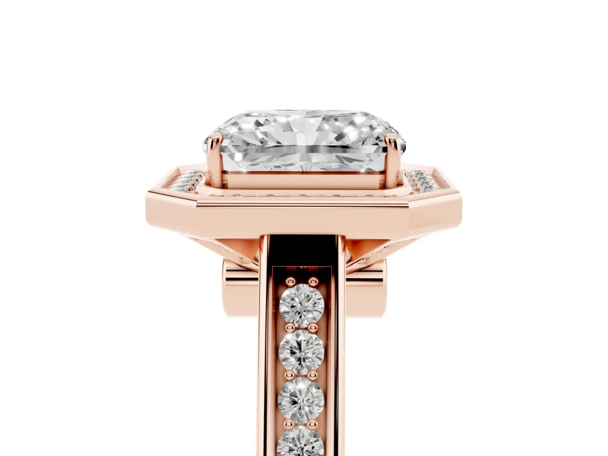Emerald Cut Halo Solitaire Diamond Ring with Pave Band and Bezel Setting Rose gold