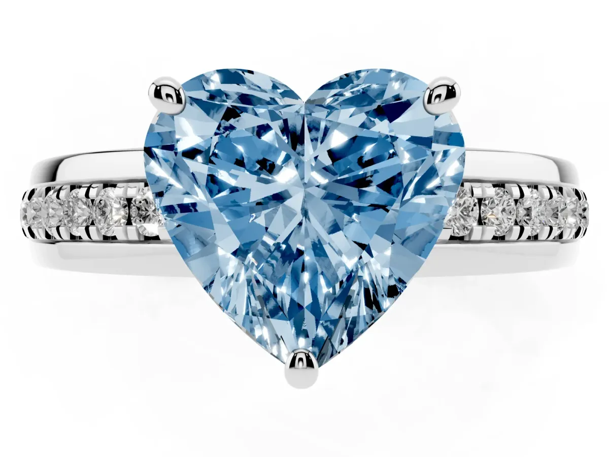 Fancy Blue Heart Cut Solitaire Diamond Ring with Channel Set Band and Six-Prong Setting Platinum