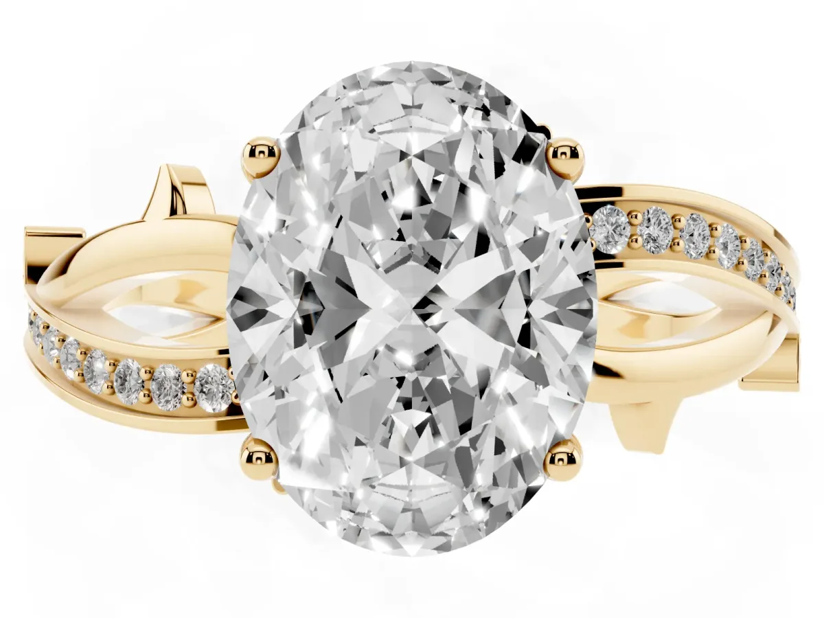 Oval Cut Solitaire Twist Band with Pavé Accents and Four-Prong Setting Yellow gold