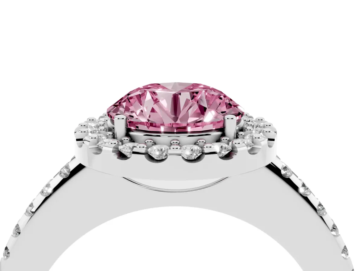 Fancy Pink Round Cut Diamond Pavé Halo Ring with Four-Prong Setting Silver